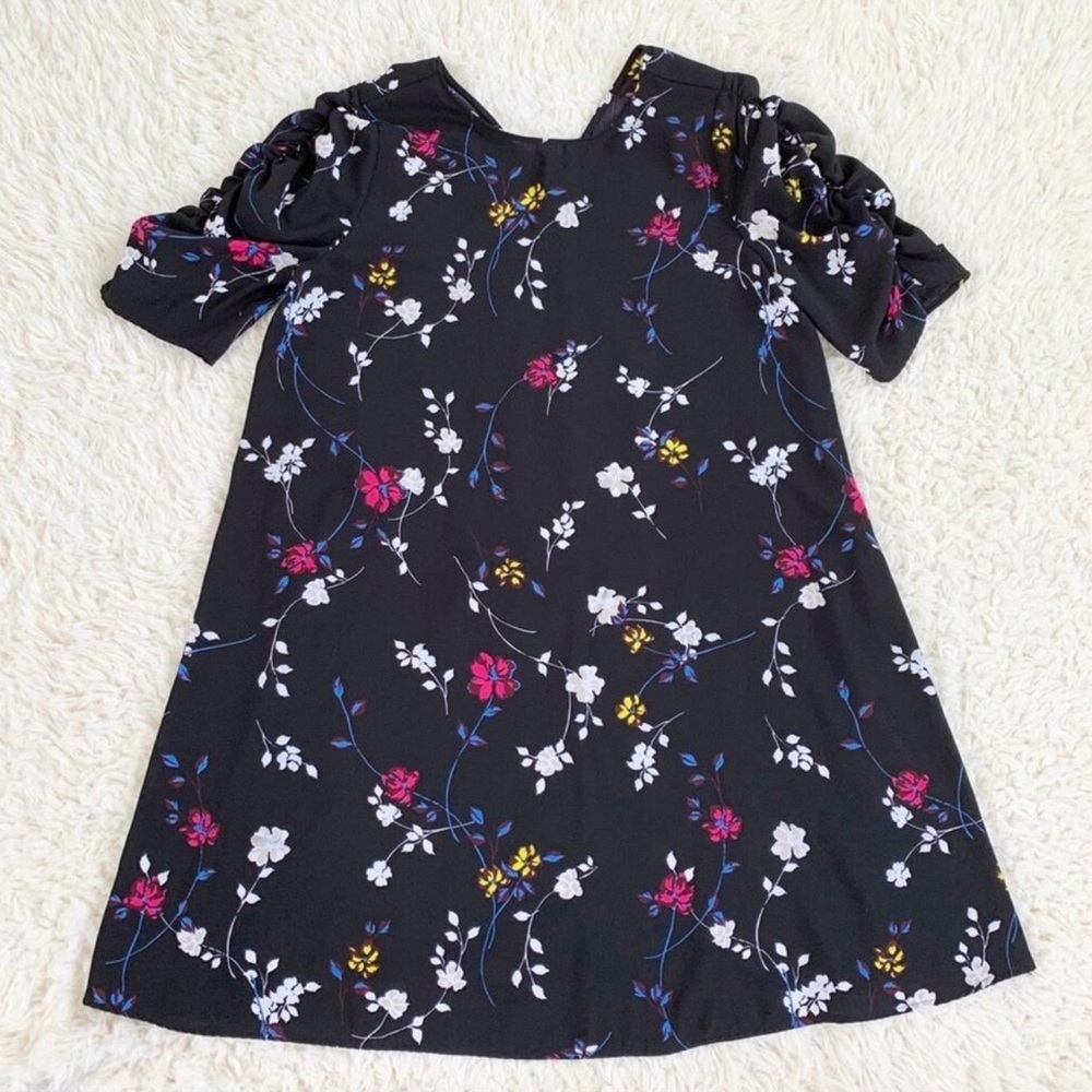 HALOGEN Black Ruched Sleeve Floral Shift Dress